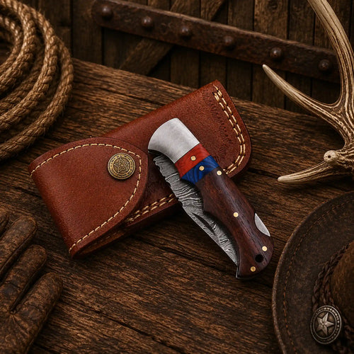 Western-style Damascus folding knife with a razor-sharp 3-inch blade, ergonomic wood handle, back lock, and handcrafted leather sheath.