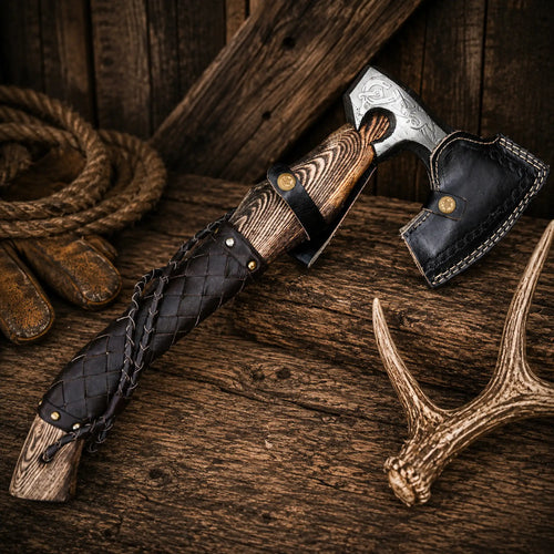Premium Viking bearded axe featuring a 1095 high carbon steel blade and genuine leather sheath.