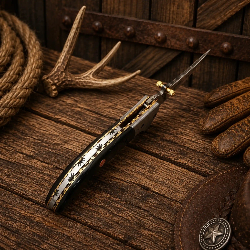 Custom EDC folding knife with Raindrop Damascus blade, buffalo horn scales, secure under lock with beautiful file work and premium leather belt sheath.