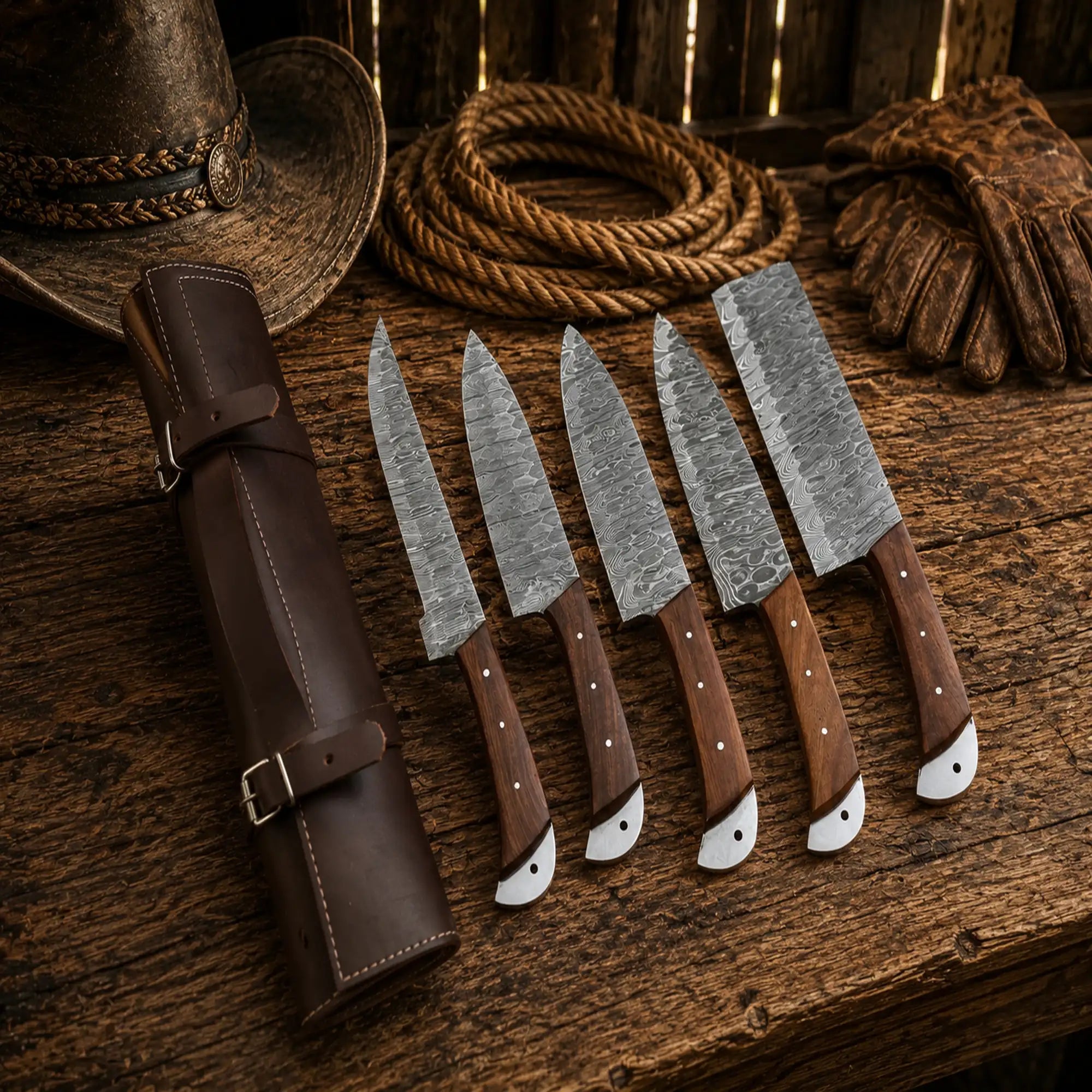 Premium Damascus steel chef knives displayed on rustic wood