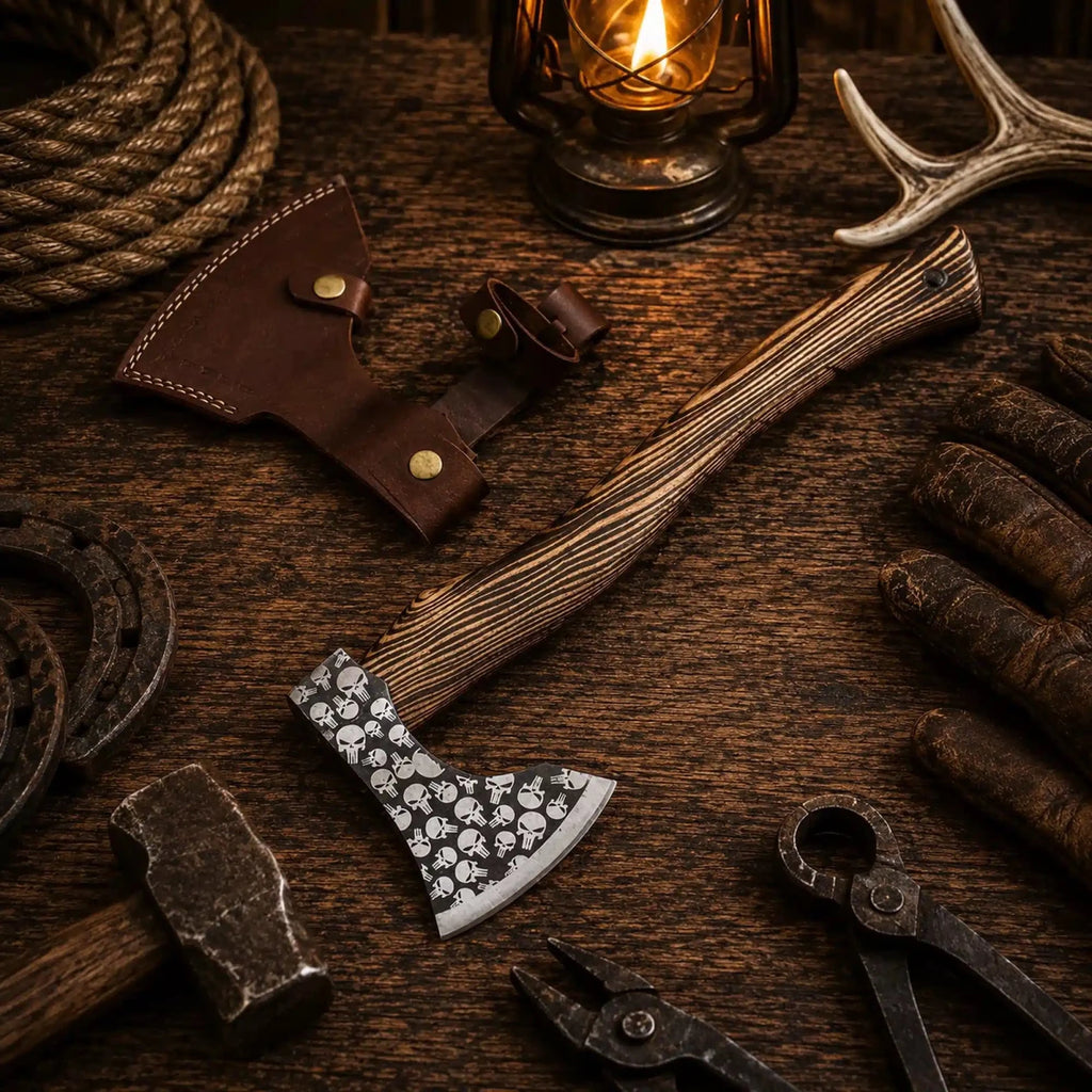 20 inch hand forged carbon steel Viking tomahawk axe with skull etched head and leather belt sheath