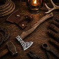 20 inch hand forged carbon steel Viking tomahawk axe with skull etched head and leather belt sheath