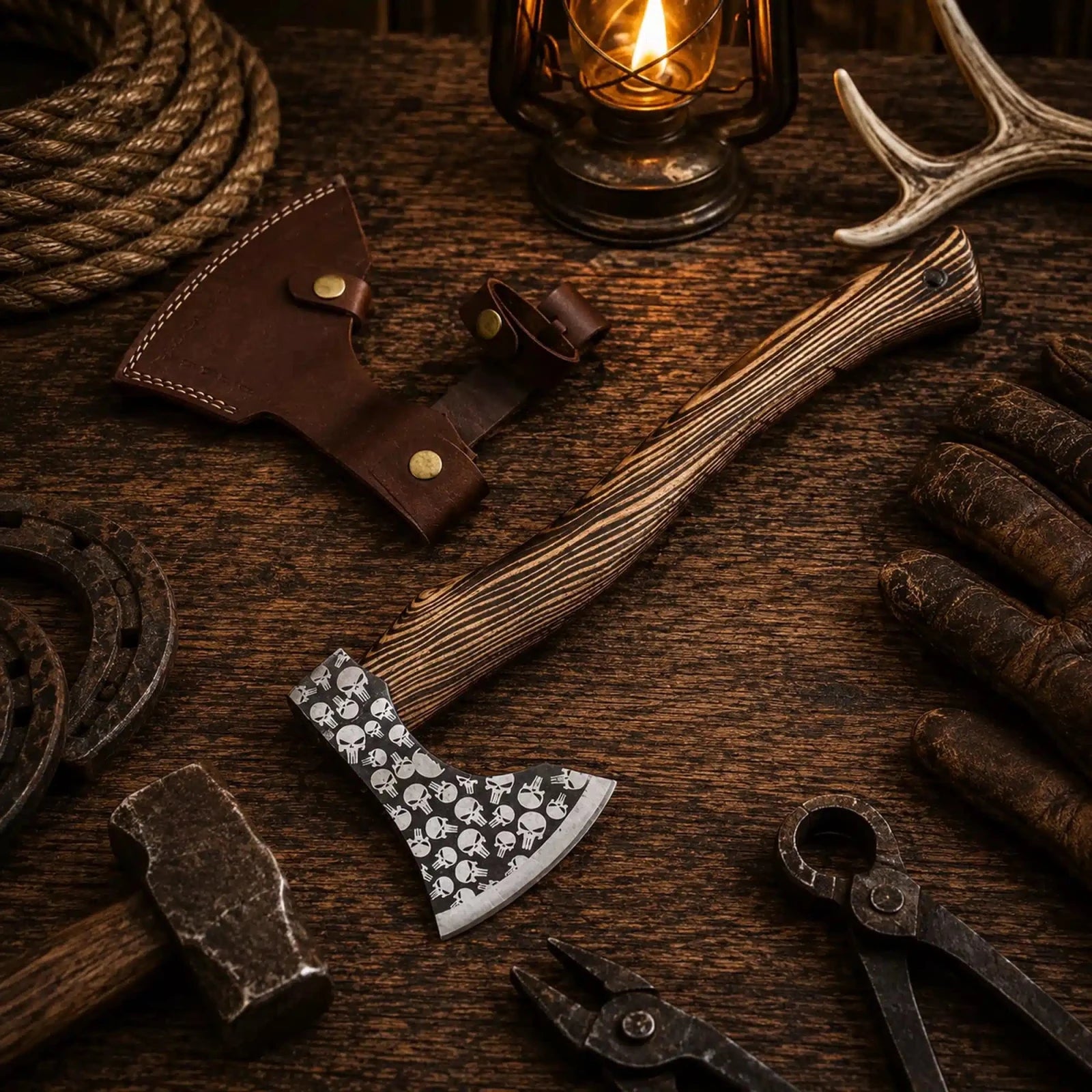 20 inch hand forged carbon steel Viking tomahawk axe with skull etched head and leather belt sheath