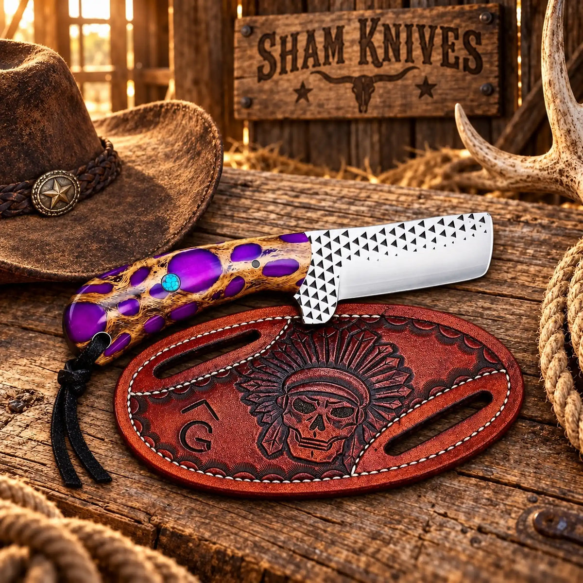 SHAM Knives rasp steel bull cutter and carved skull leather sheath