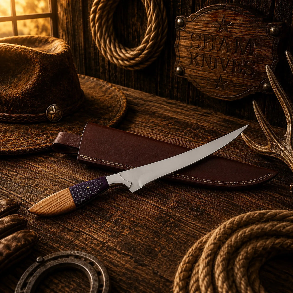 Handmade fishing knife with D2 steel blade and purple honeycomb handle