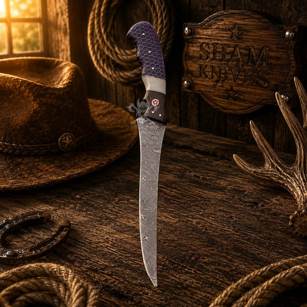 Handmade Damascus fishing knife with violet honeycomb handle and sheath