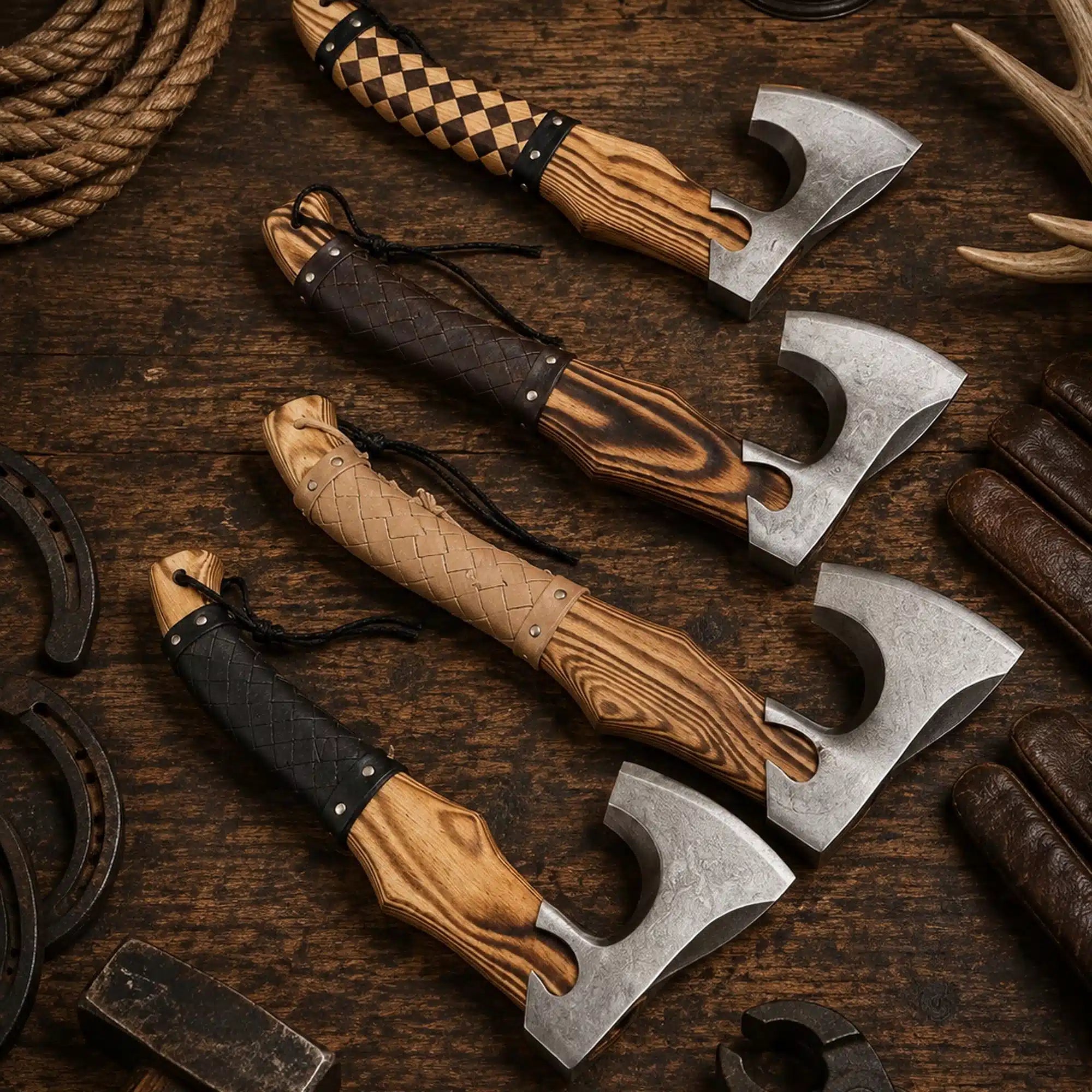 Quartet Norse and Celtic engraved bearded camping axe set