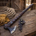 Ragnar Viking axe hand forged steel blade with leather sheath rustic barn background