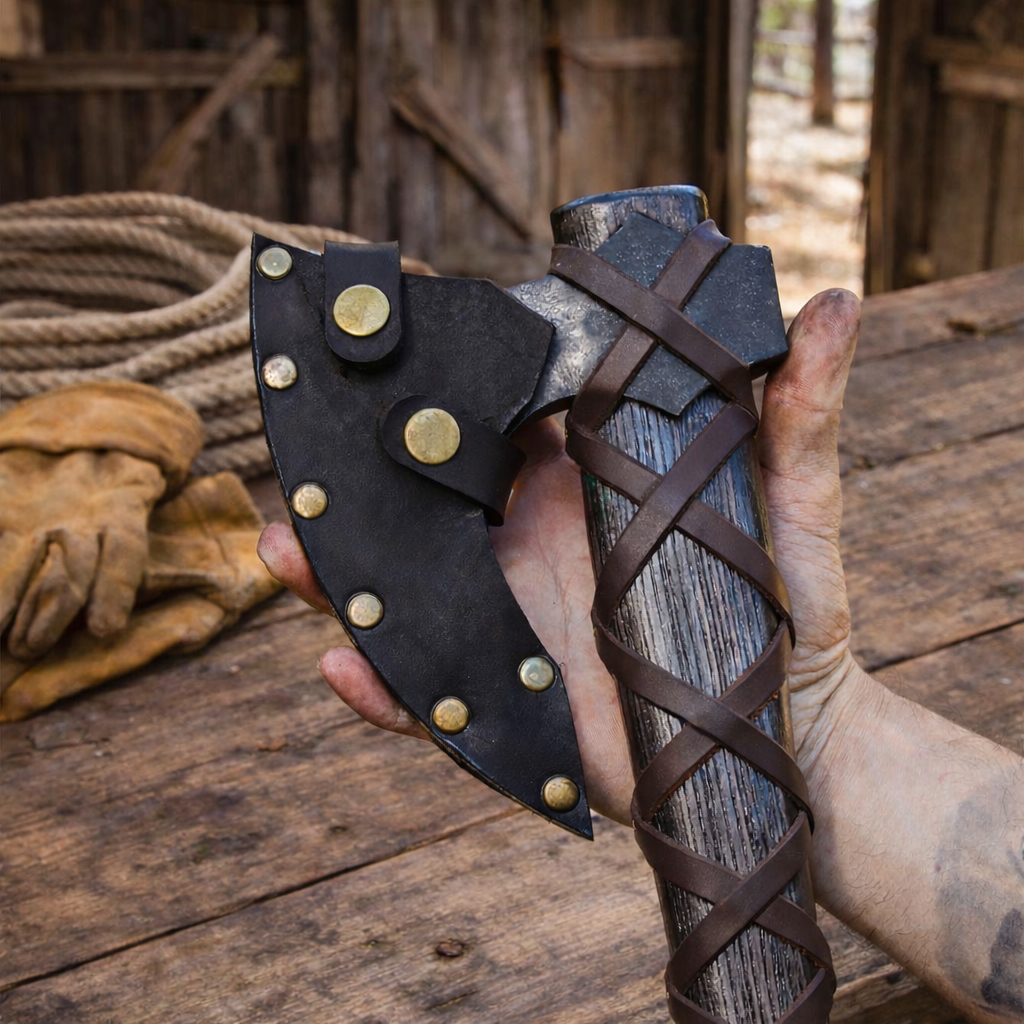 Ragnar Viking axe hand forged steel blade with leather sheath rustic barn background