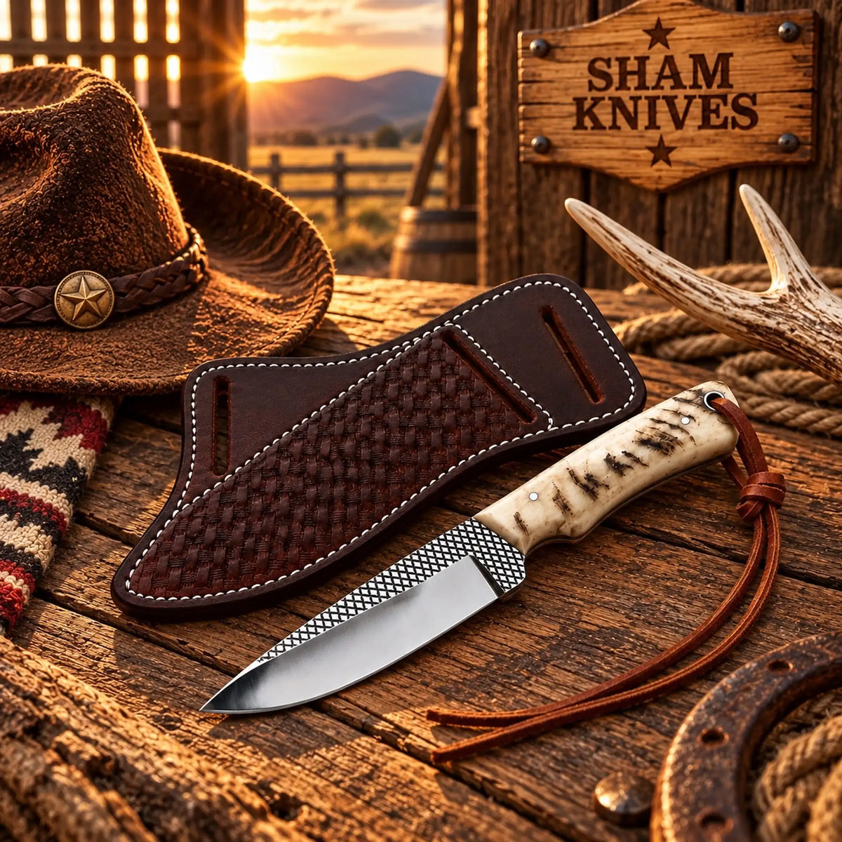 Ram horn cowboy knife with a rasp steel blade, leather lanyard, and brown basketweave sheath
