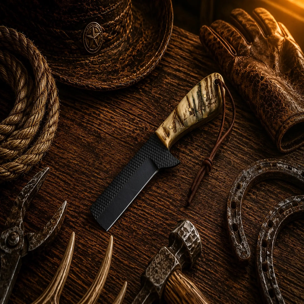 Handmade Ranch Boss Bull Cutter Knife with D2 powder coated blade and ram horn handle.