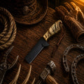 Handmade Ranch Boss Bull Cutter Knife with D2 powder coated blade and ram horn handle.