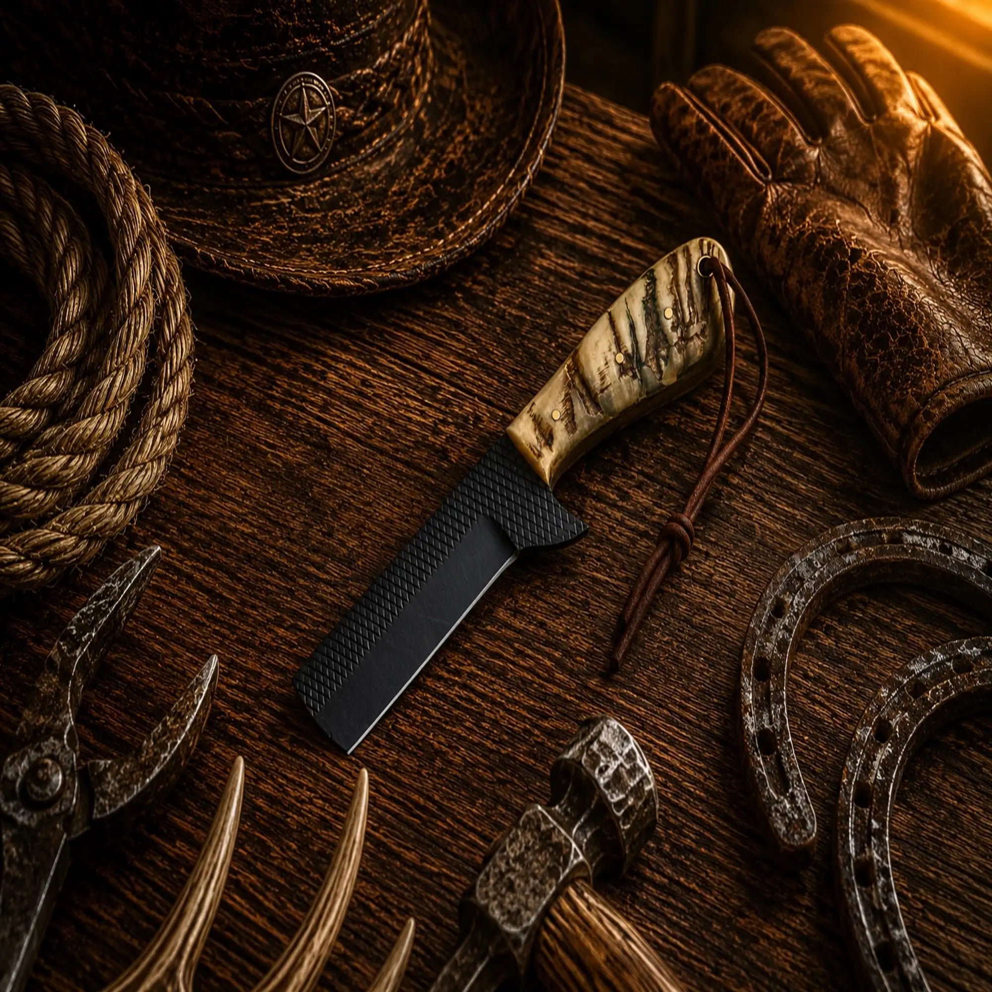 Handmade Ranch Boss Bull Cutter Knife with D2 powder coated blade and ram horn handle.