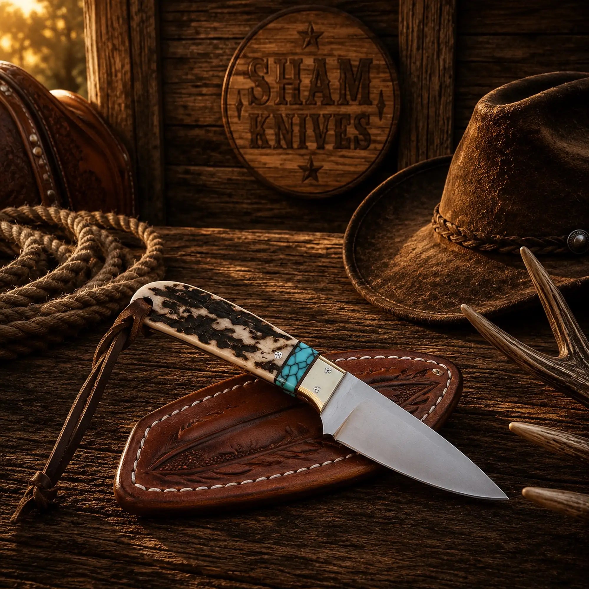 Ranch Buckaroo knife with 3-inch D2 blade and stag turquoise handle