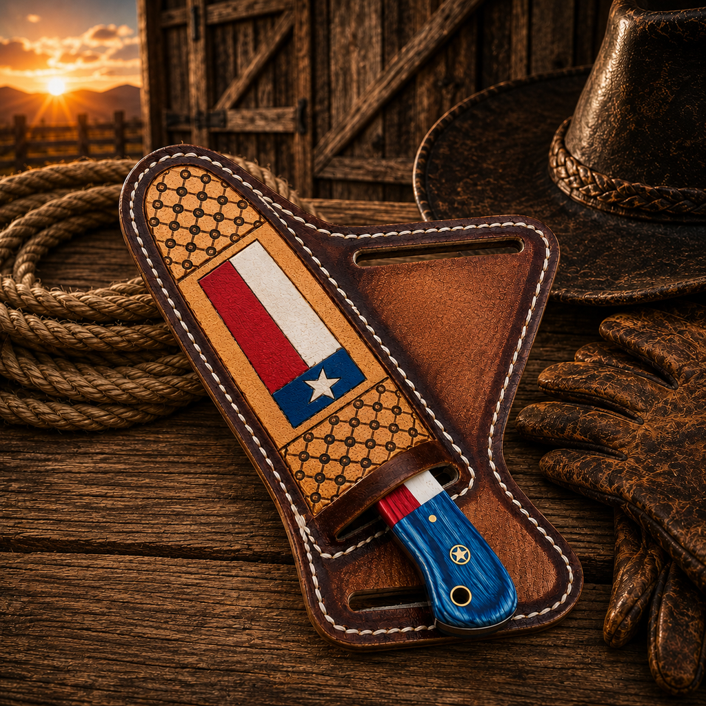 Cowboy belt knife with leather crossdraw sheath for EDC carry