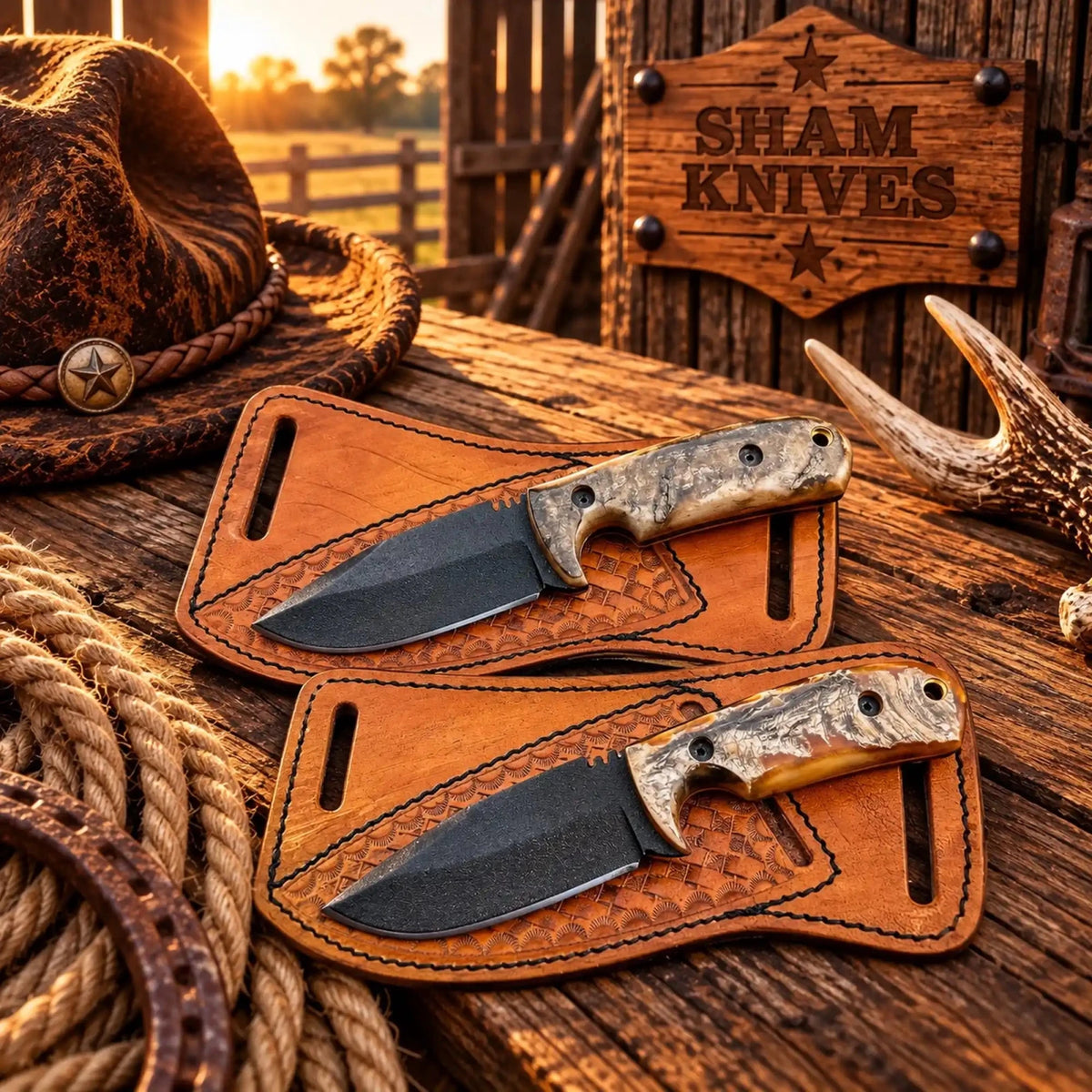 Ranch Cowboy Skinning Knife Set– Powder Coated D2 Steel Ram Horn Handle With Cross draw Pouch - SHAM KNIVESSkinning KnifeSHAM KNIVESRanch Cowboy skinning knife set with powder coated D2 steel and ram horn handles