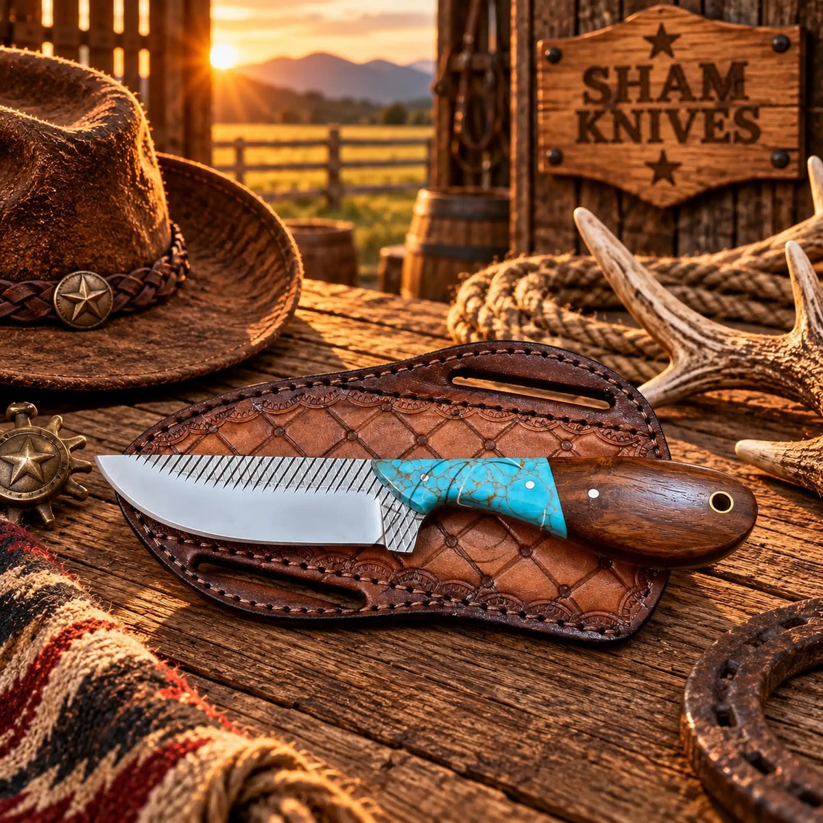 Ranch cowboy skinning knife with wood and turquoise handle on a tooled leather sheath
