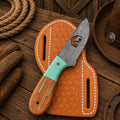 Ranch Field Knife with Sheath – 3.5" Damascus Blade Turquoise Handle - SHAM KNIVESCowboy KnifeSHAM KNIVESHandmade ranch field knife featuring Damascus steel blade and turquoise wood handle with belt leather sheath