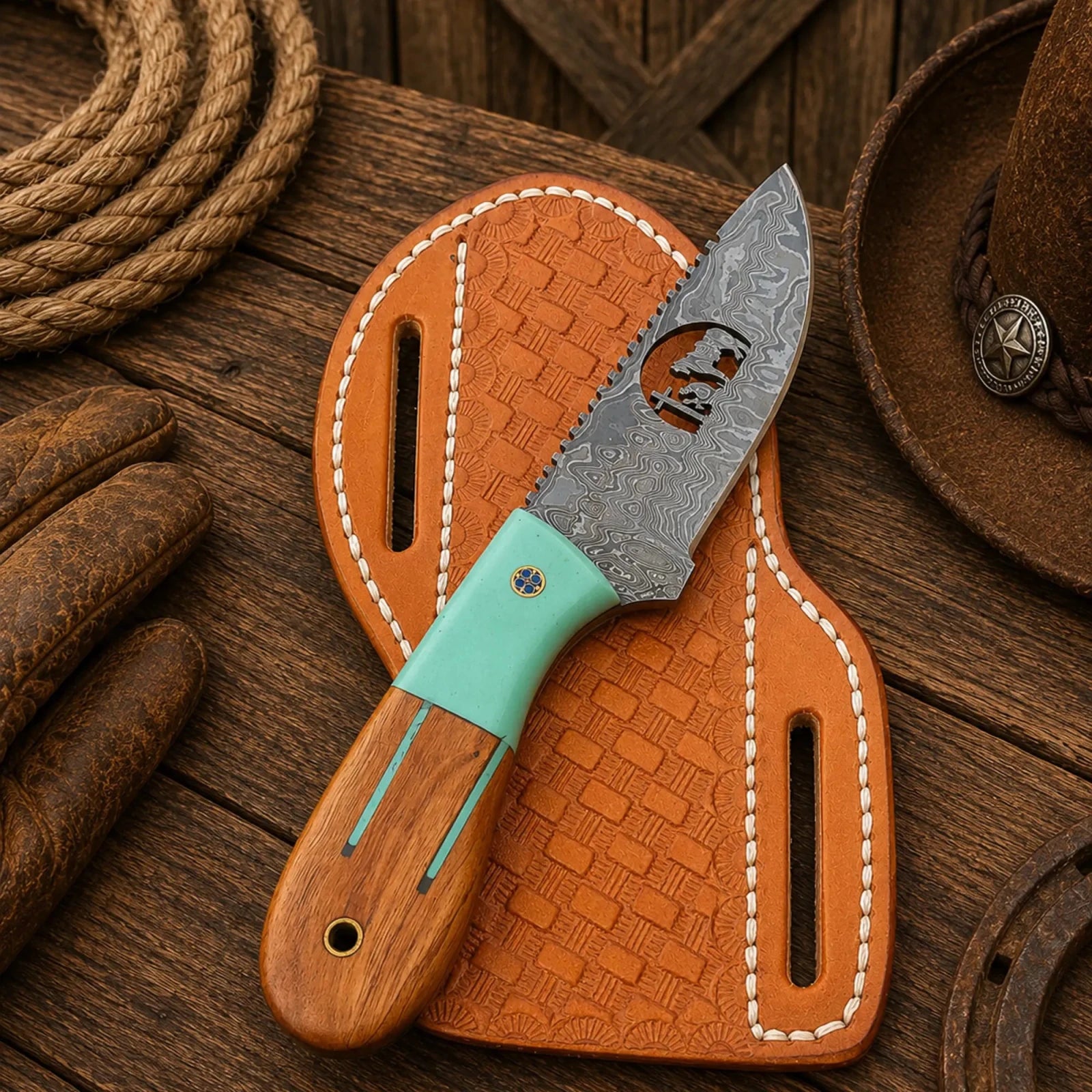 Ranch Field Knife with Sheath – 3.5" Damascus Blade Turquoise Handle - SHAM KNIVESCowboy KnifeSHAM KNIVESHandmade ranch field knife featuring Damascus steel blade and turquoise wood handle with belt leather sheath