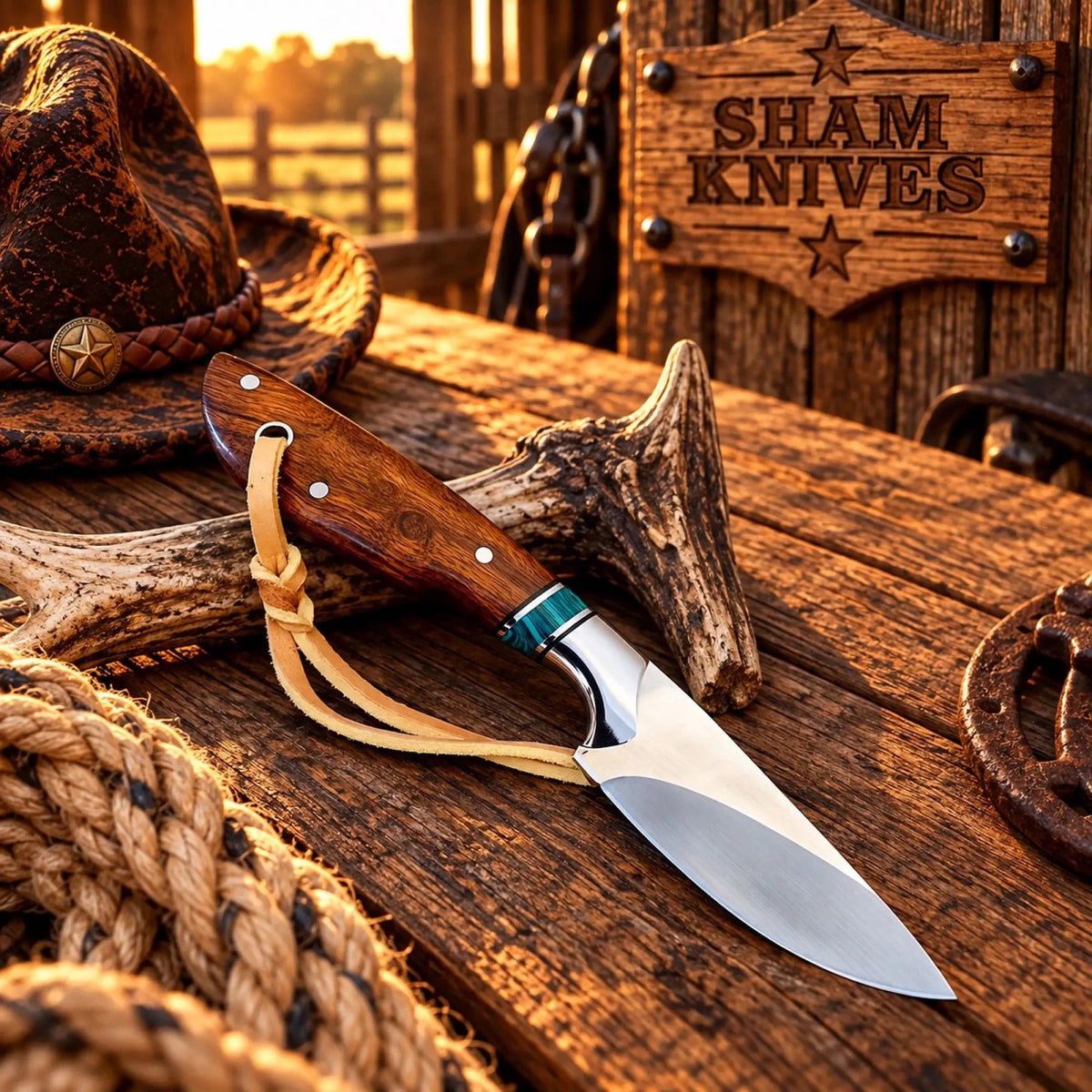 Ranch Rodeo Cowboy Skinning Knife – D2 Steel with Rose Wood & Turquoise Inlay Handle - SHAM KNIVESCowboy KnifeSHAM KNIVESRanch Rodeo cowboy skinning knife with D2 steel blade