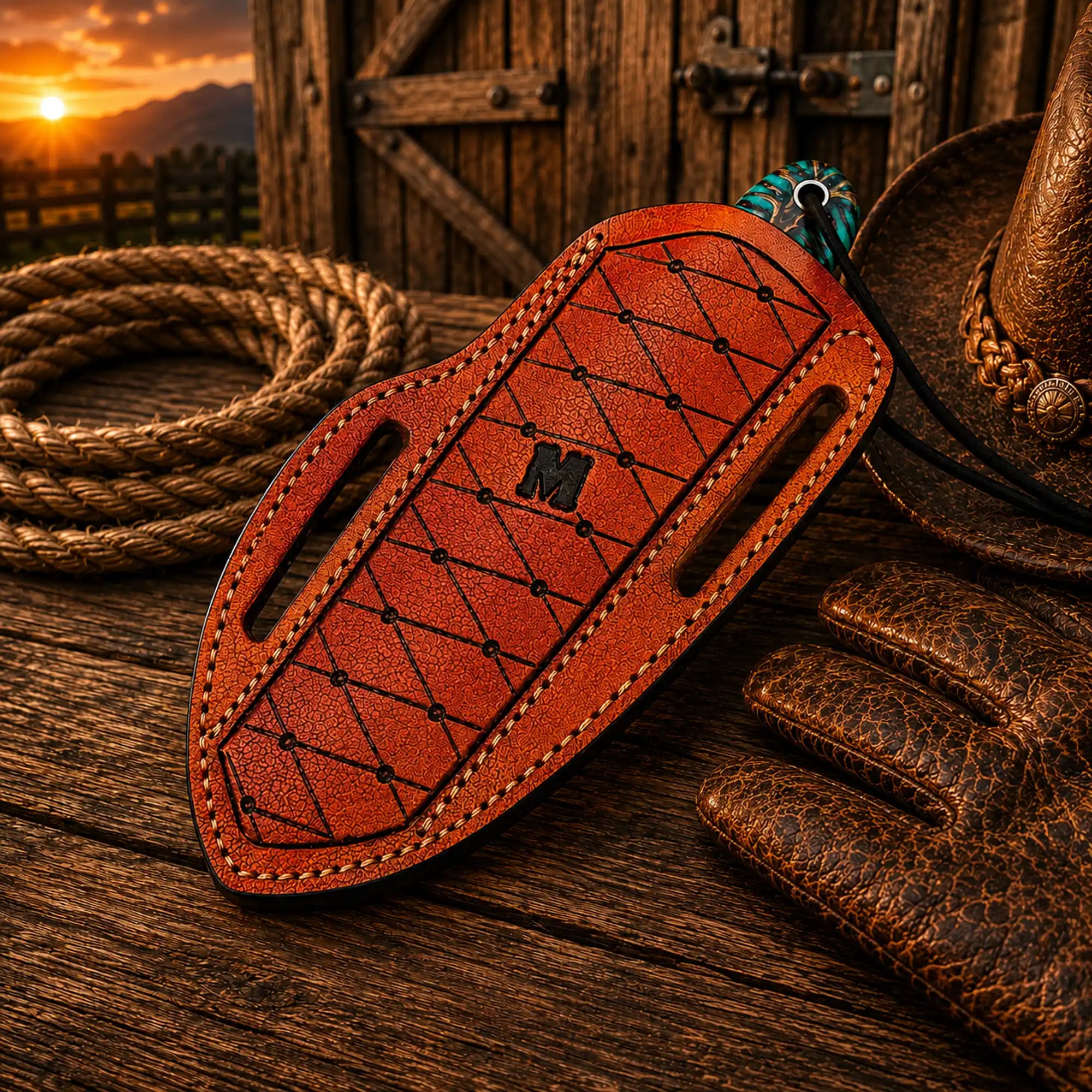 Handmade western belt knife for ranch work and outdoor use in Pancake Sheath