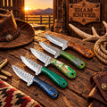 Rancher five-piece rasp steel cowboy knife set with assorted colorful handles
