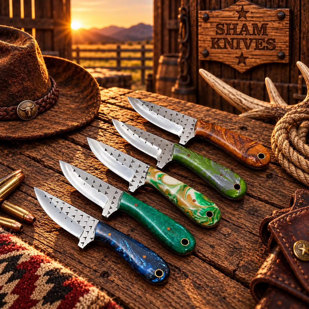 Rancher five-piece rasp steel cowboy knife set with assorted colorful handles
