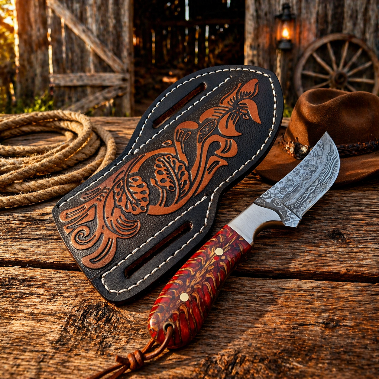 Rancher belt knife with 3.75 inch Damascus steel blade and pinecone handle with floral leather sheath on rustic wooden table with cowboy rope and hat