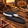 Rancher Western rasp file steel knife with antler handle and black leather sheath
