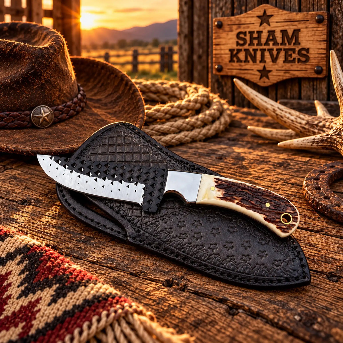 Rancher Western rasp file steel knife with antler handle and black leather sheath
