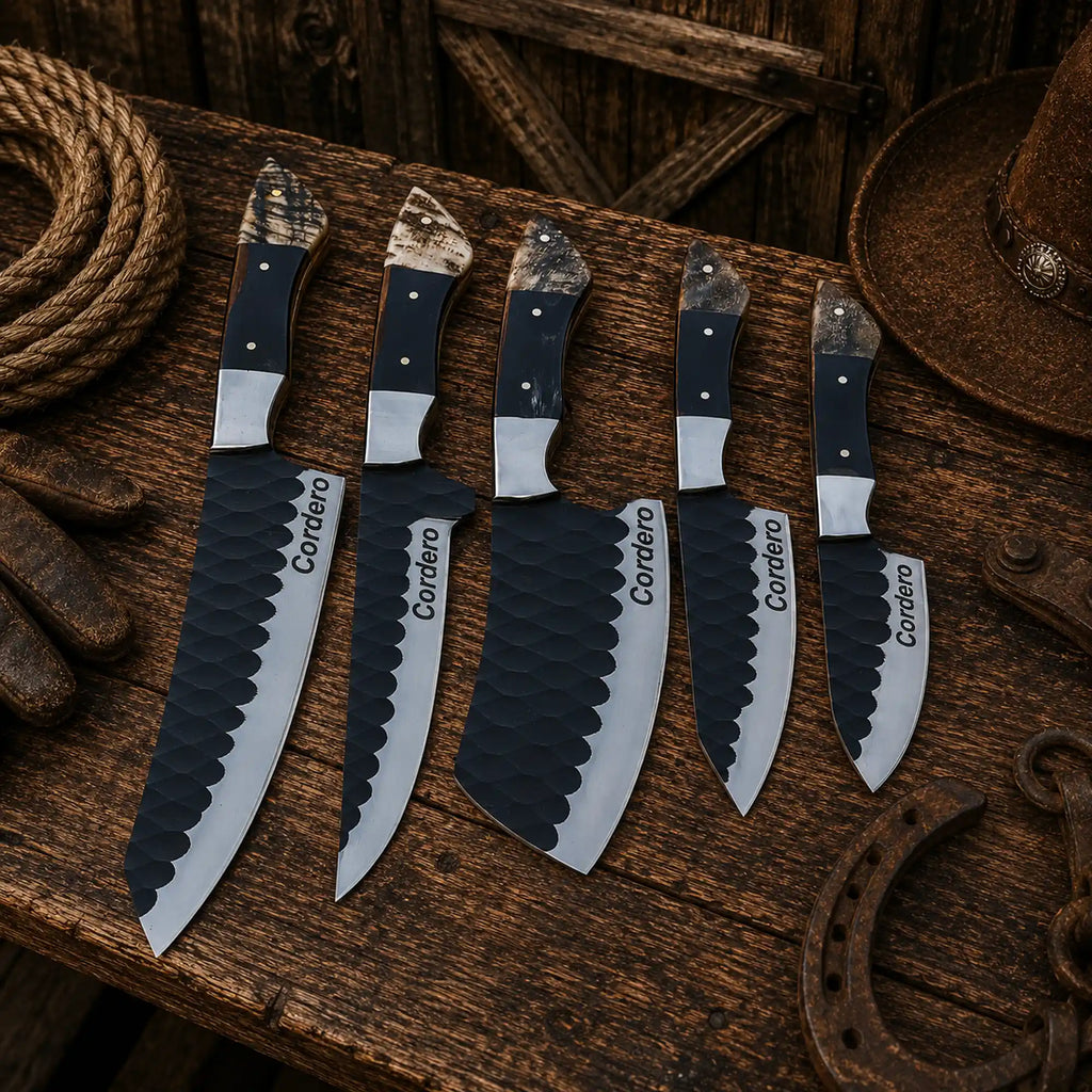 Rancher's Legacy chef knife set featuring D2 steel blades and genuine horn handles.