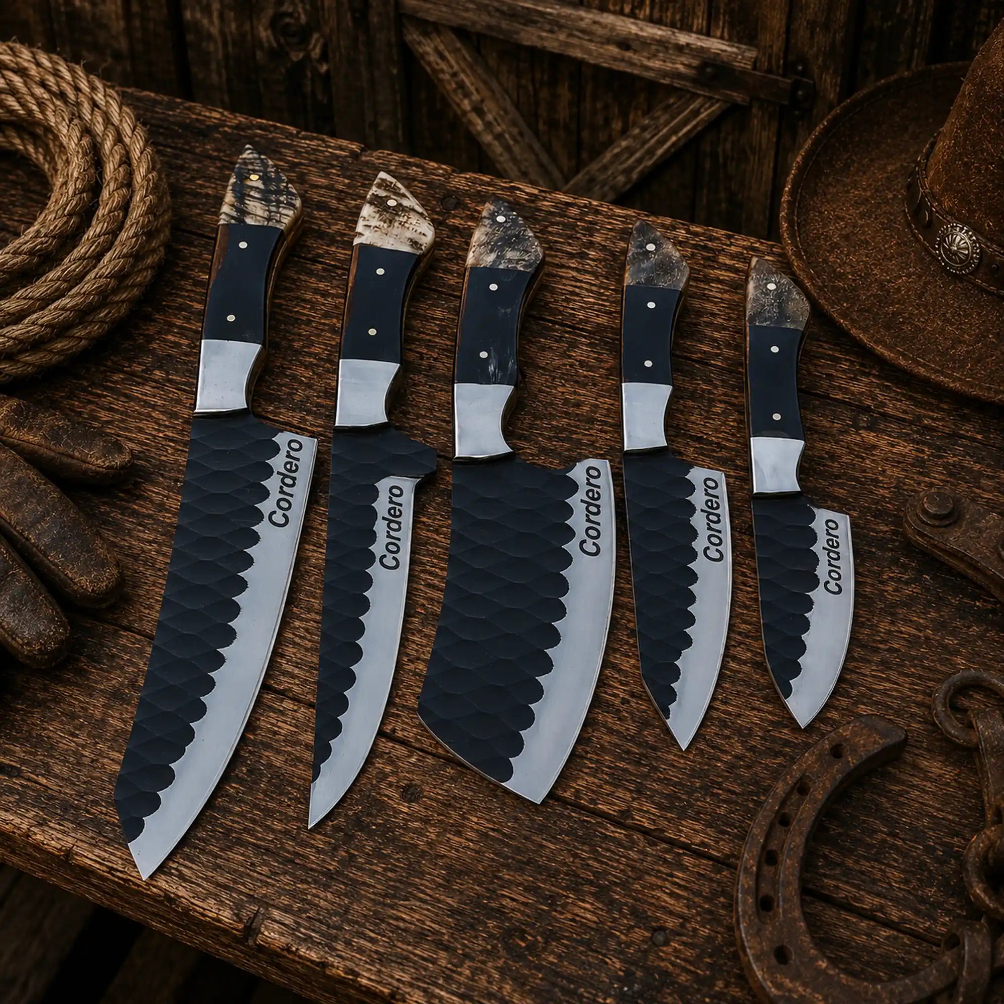 Rancher's Legacy chef knife set featuring D2 steel blades and genuine horn handles.