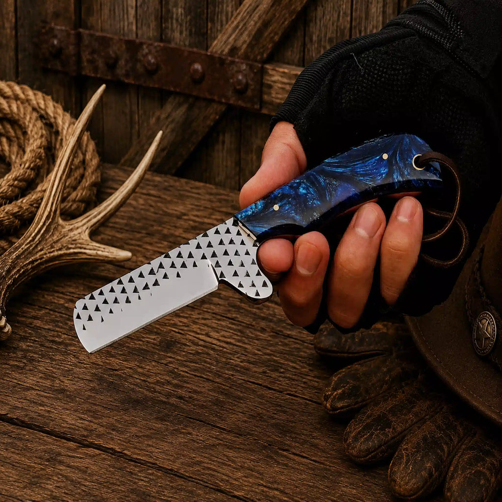 Premium handmade D2 Steel Bull Cutter Knife with textured blade, blue resin handle, and genuine leather pancake sheath for everyday carry and outdoor use.