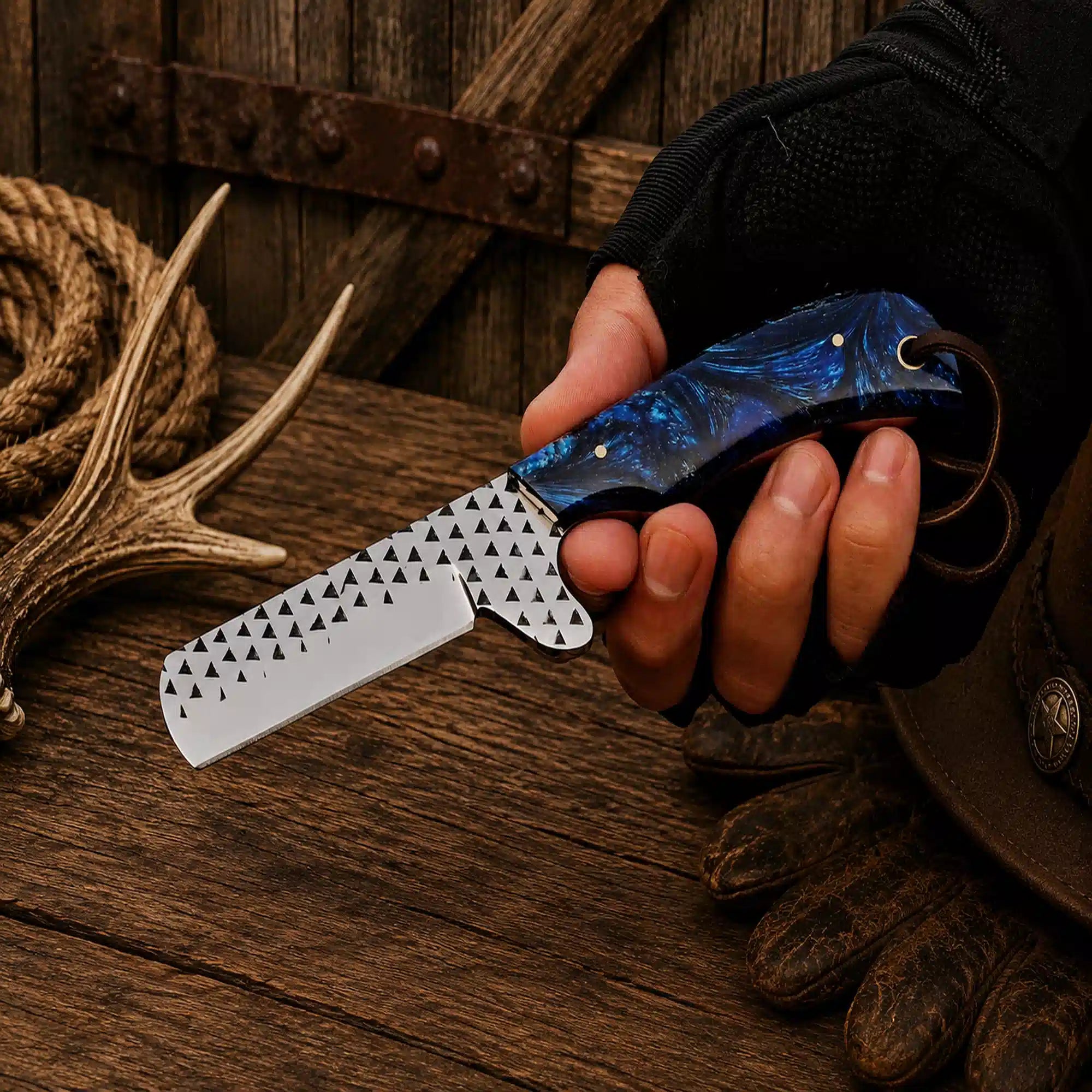 Premium handmade D2 Steel Bull Cutter Knife with textured blade, blue resin handle, and genuine leather pancake sheath for everyday carry and outdoor use.