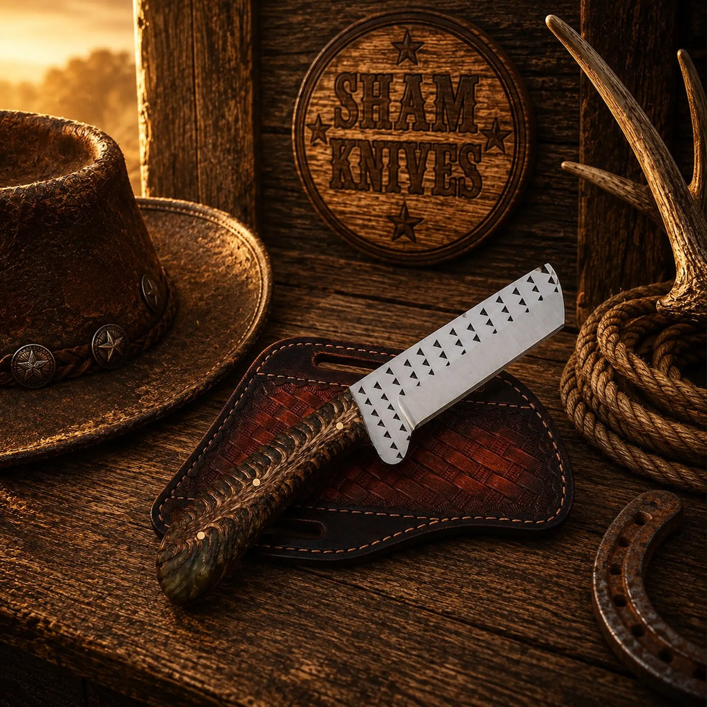 Handmade rasp-file knife featuring a pine-cone resin handle