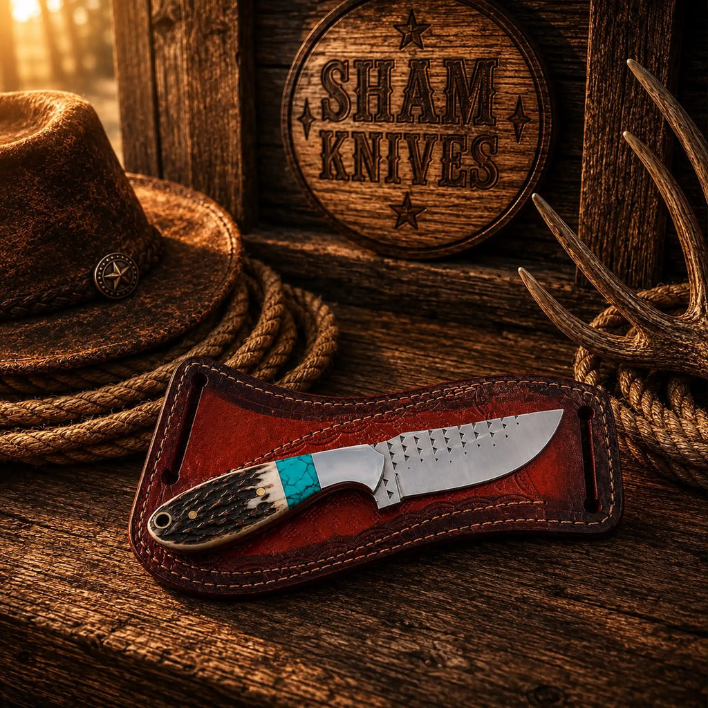 Handmade rasp-file knife with natural stag horn and turquoise spacer