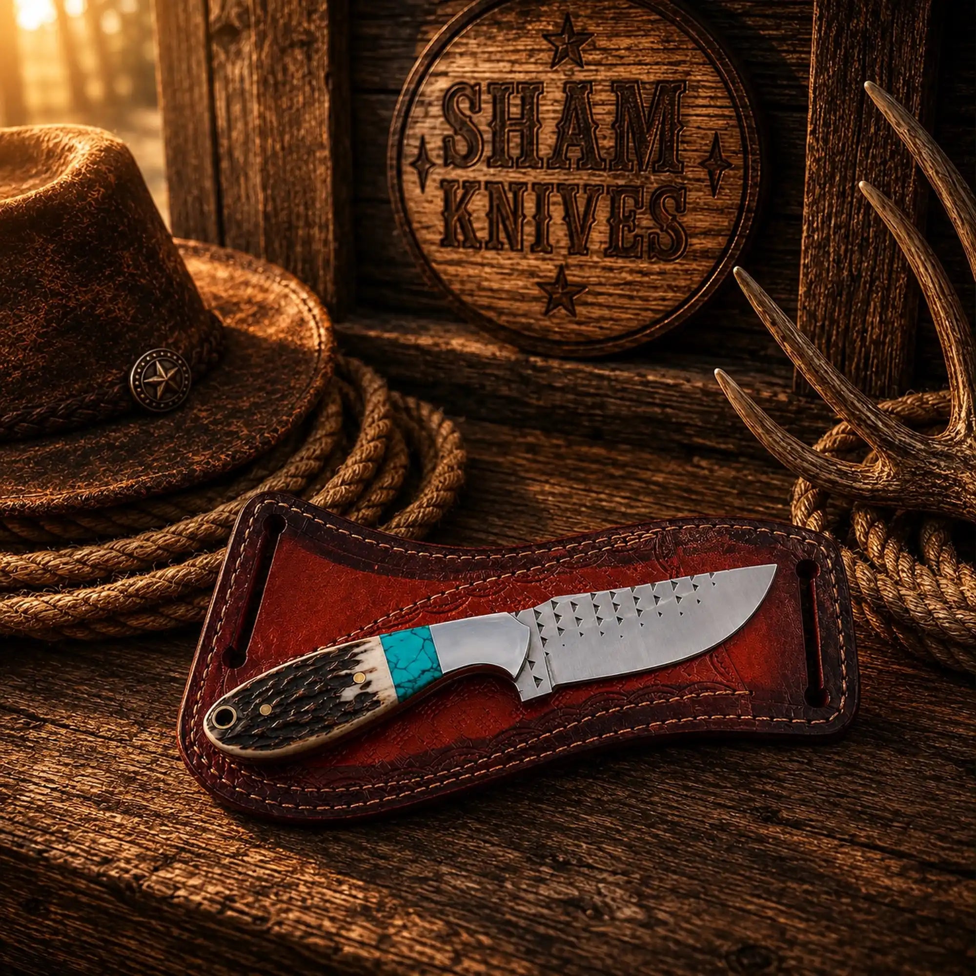 Handmade rasp-file knife with natural stag horn and turquoise spacer