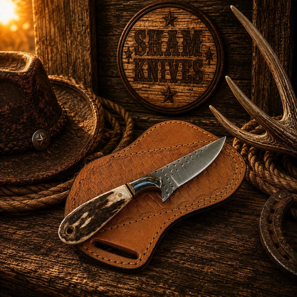 Handmade Western ranch knife displayed with a leather pancake sheath