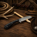 Handmade Rasp File Rodeo Carry Knife with a 3.75-inch Rasp Steel blade, genuine buffalo horn handle, and leather pancake sheath.