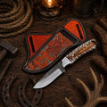 Rasp file steel ranch knife with pine cone handle and floral cross belt sheath