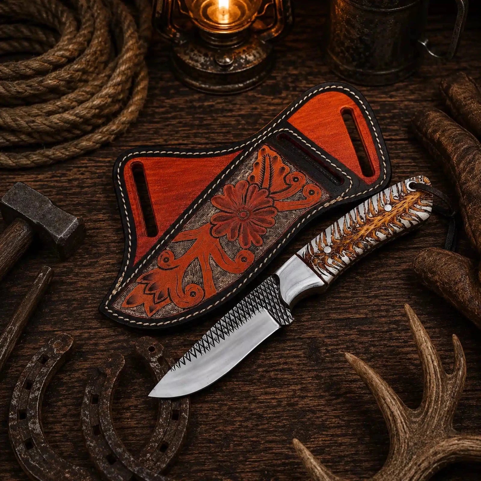 Rasp file steel ranch knife with pine cone handle and floral cross belt sheath