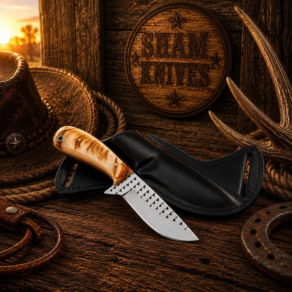 Handmade rasp-file working knife with a pine-cone resin handle