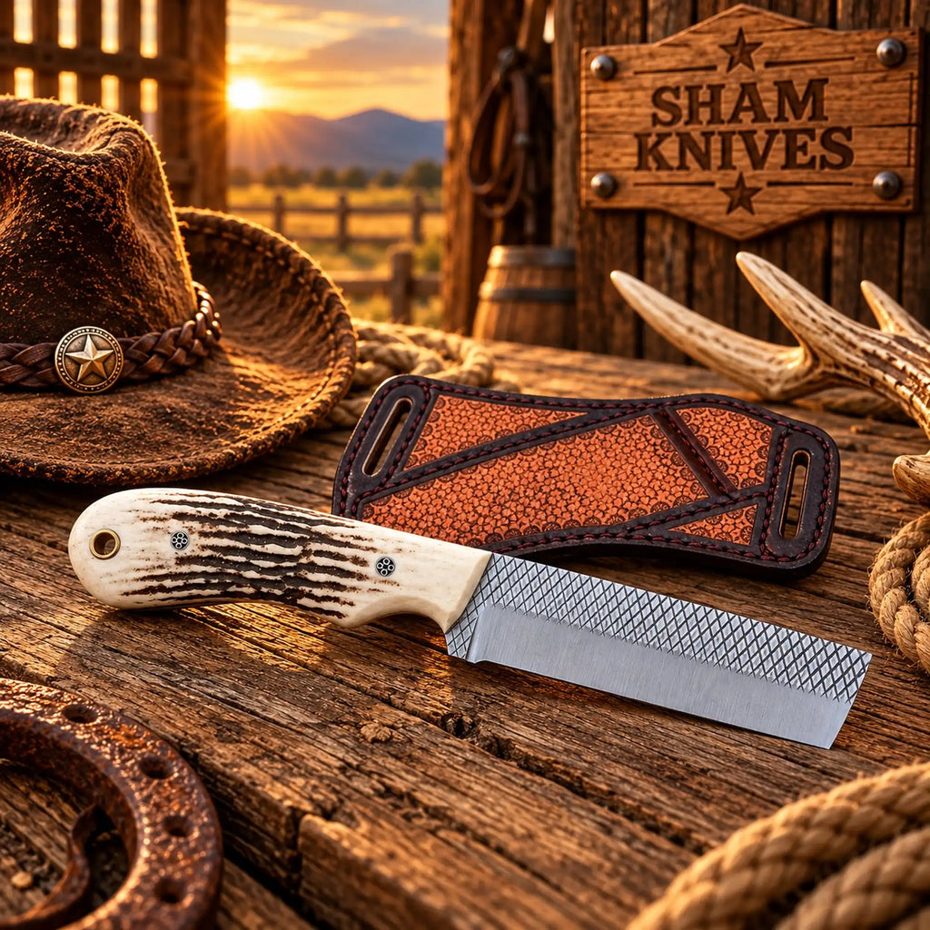 Rasp steel bull cutter knife with a stag antler handle beside a hand-tooled leather sheath

