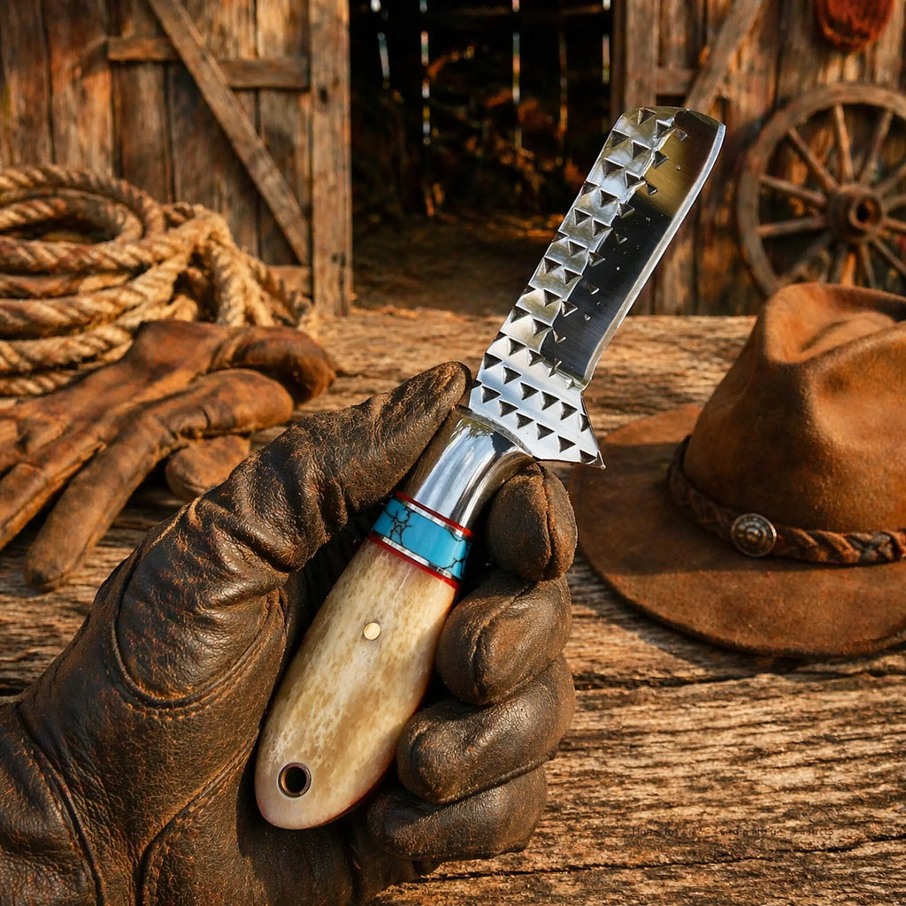 Handmade rasp steel cowboy bull cutter knife with turquoise and camel bone handle and leather sheath western style