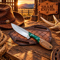 Rasp steel cowboy skinning knife with green turquoise and wood handle
