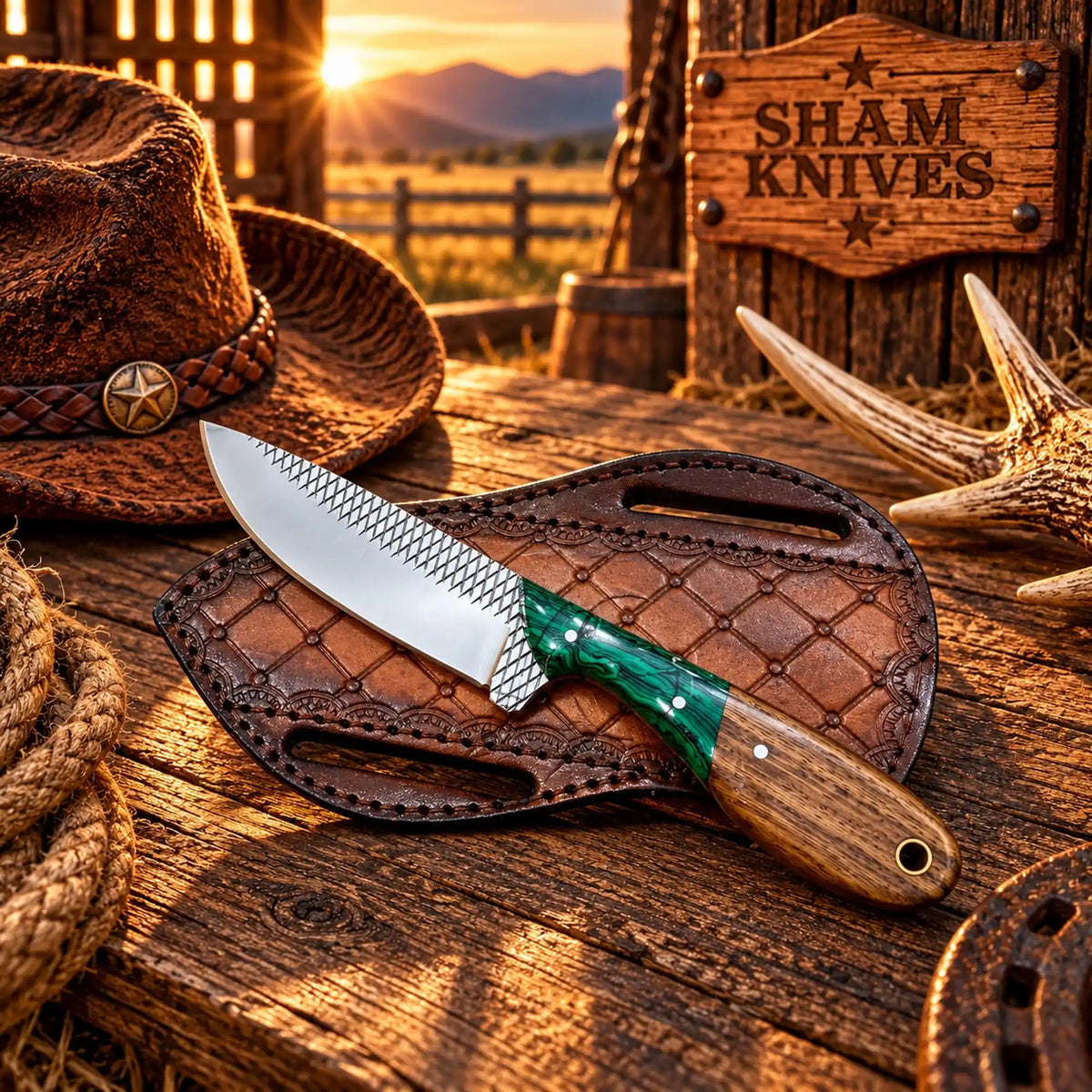Rasp steel cowboy skinning knife with green turquoise and wood handle

