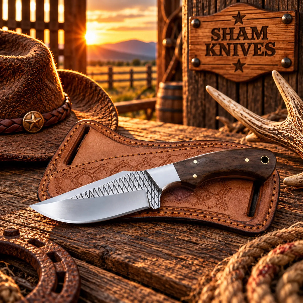 Rasp steel cowboy knife with dark wood handle and brown leather sheath
