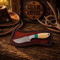Rasp steel drop-point knife with bone and turquoise-stone handle