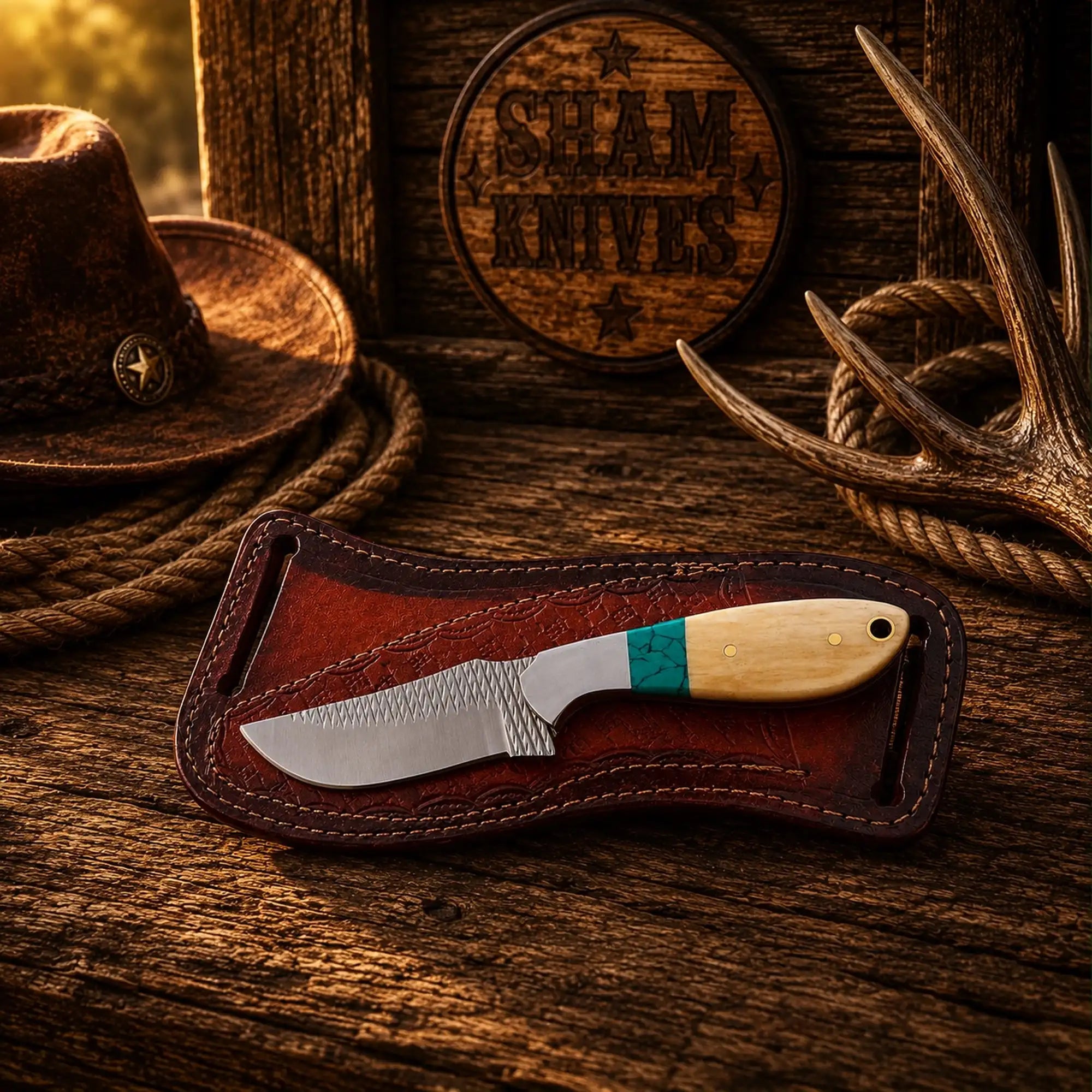 Rasp steel drop-point knife with bone and turquoise-stone handle