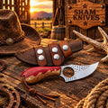 Rasp steel field tool knife with a red resin and wood handle beside a brown leather sheath
